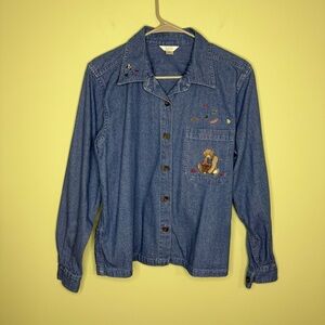 Vintage 2003 Christopher & Banks‎ Jean denim shirt embroidery Bear fall woman M